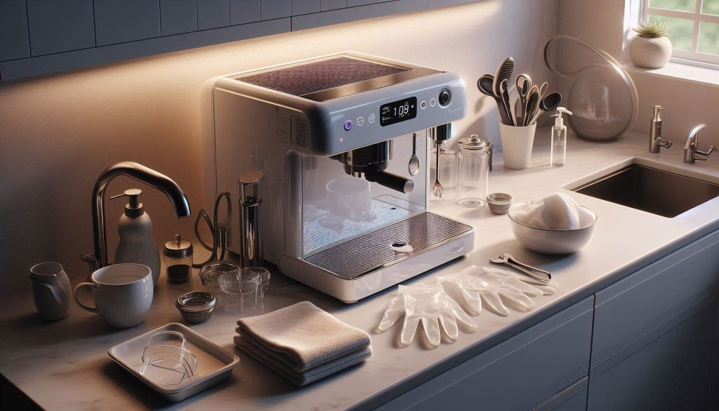 White Terra Kaffe TK-02 smart coffee machine in a modern kitchen with safety gear and protective covers arranged for descaling preparation.