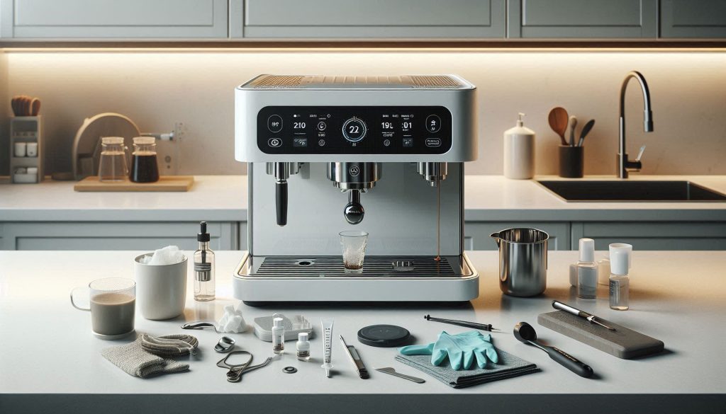 White Terra Kaffe TK-02 smart coffee machine in a modern kitchen mid-descaling with safety gear and tools nearby.