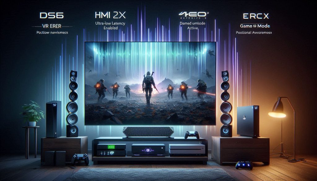 hyper-realistic gaming setup showing ps5 and xbox connected to a dolby atmos soundbar with low-latency hdmi earc