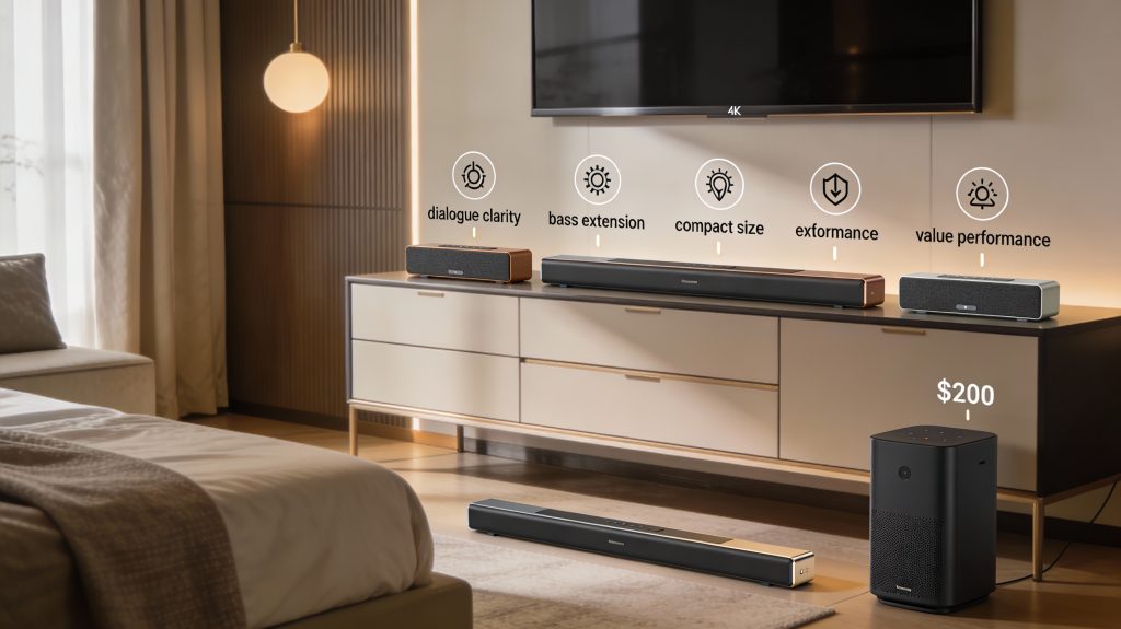 luxury bedroom setup displaying multiple compact soundbars under $200 with wireless subwoofer, highlighting dialogue clarity, bass performance, and value-focused picks in a premium editorial style