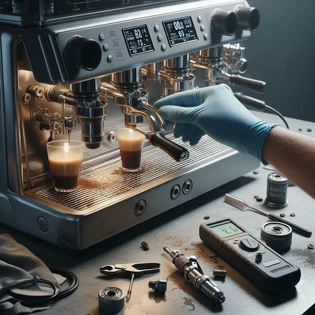 technician troubleshooting coffee machine brew group with food-grade grease and diagnostic tools on a workshop bench
