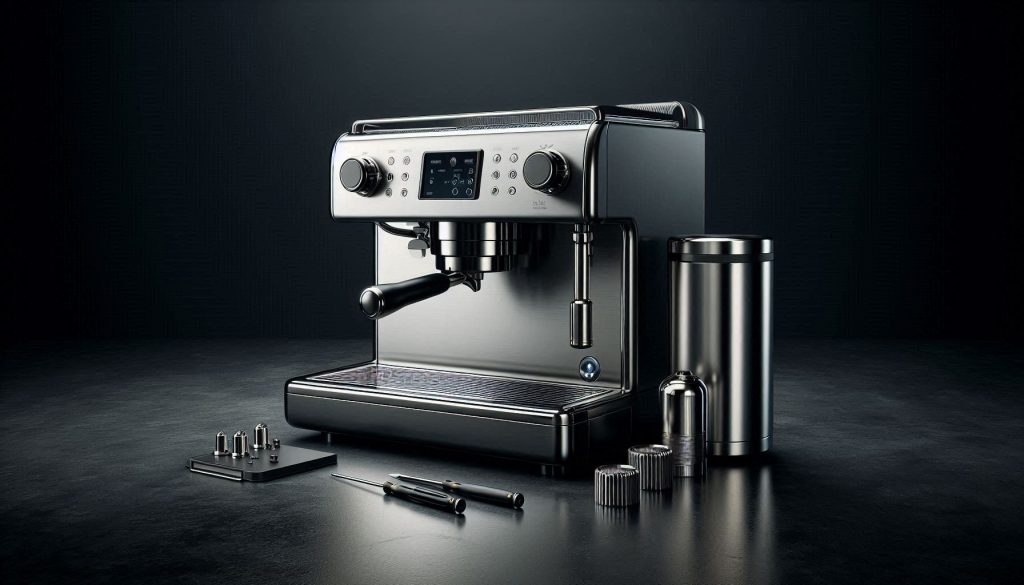 Luxury espresso machine with service and maintenance accessories arranged in a modern setting.