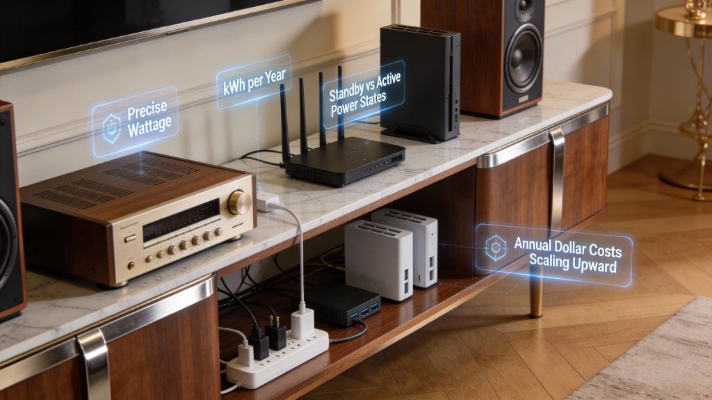 luxury interior with old electronics and smart plugs showing standby power usage, kWh calculations, and annual electricity costs