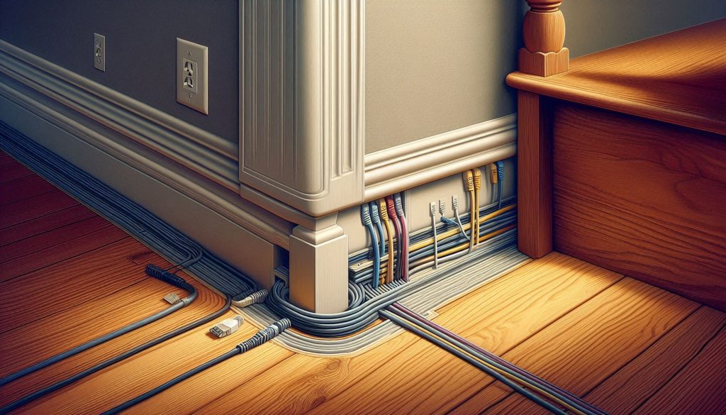 Flat cables tucked under baseboards and trim for invisible home theater wire routing