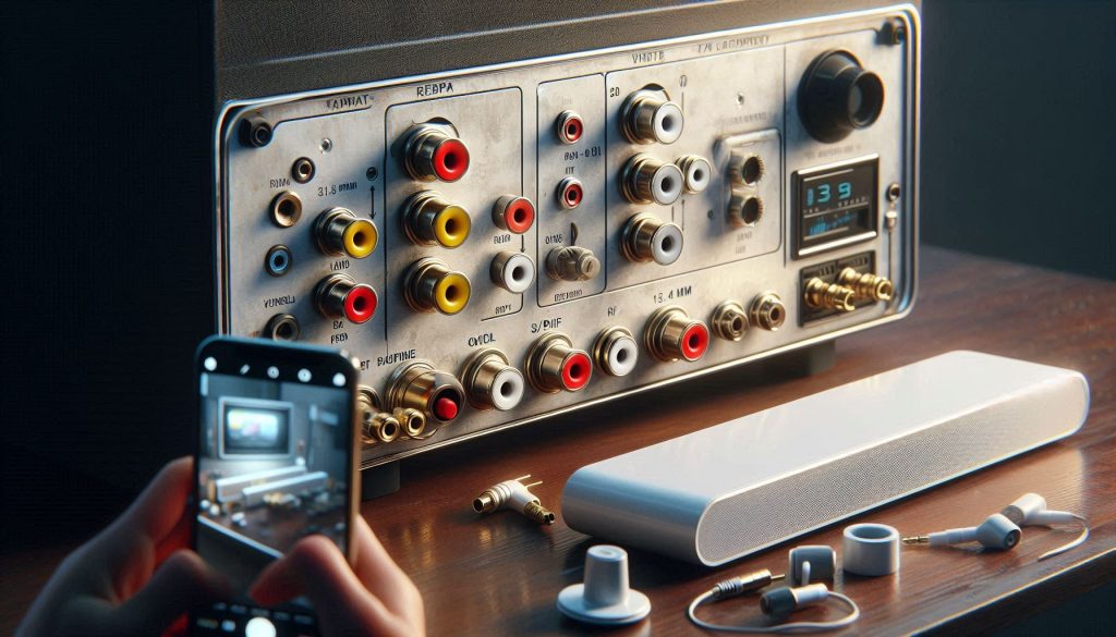 Person photographing the back of an older TV showing RCA, 3.5 mm, and optical audio outputs with a modern white soundbar nearby showing its input ports.