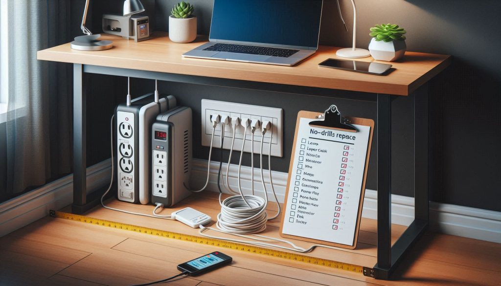 Assessing under-desk power and cable needs using a power meter and measurements before installing no-drill cable management.