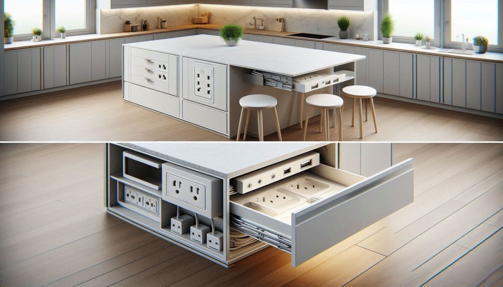 Illustration showing the difference between a pop-up outlet and a hidden outlet in a kitchen island.