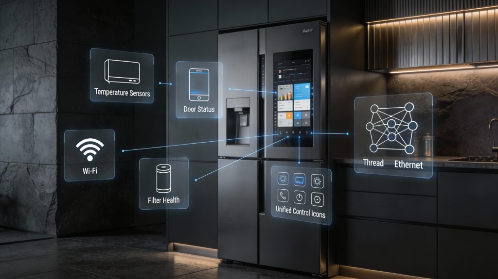 Visual explanation of the Matter smart home standard applied to a luxury smart refrigerator.