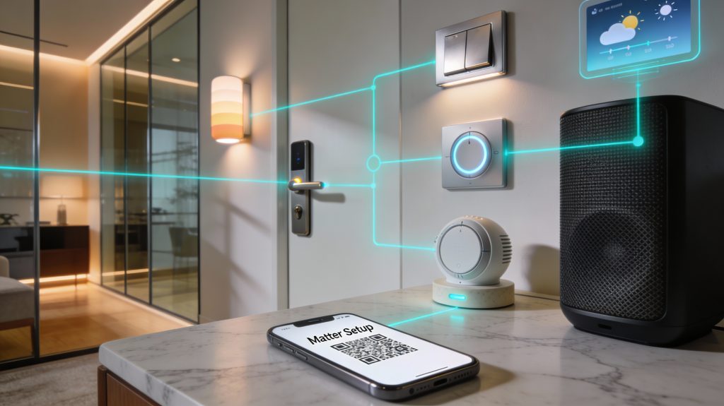 Luxury smart home interior showing Matter-enabled devices working together seamlessly in a unified ecosystem.
