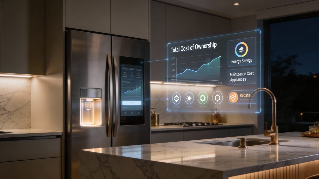 Luxury smart refrigerator in a high-end kitchen with holographic total cost of ownership and energy cost comparison visuals.