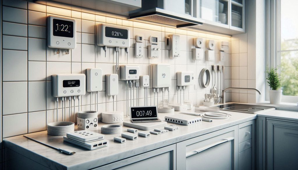 USB-C hubs, PD power bricks, cables, converters, and smart appliances arranged on a white kitchen countertop.