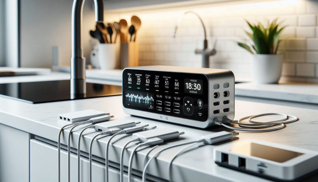 USB-C hub with multiple smart kitchen devices and a power analyzer displaying voltage and current on a white countertop.
