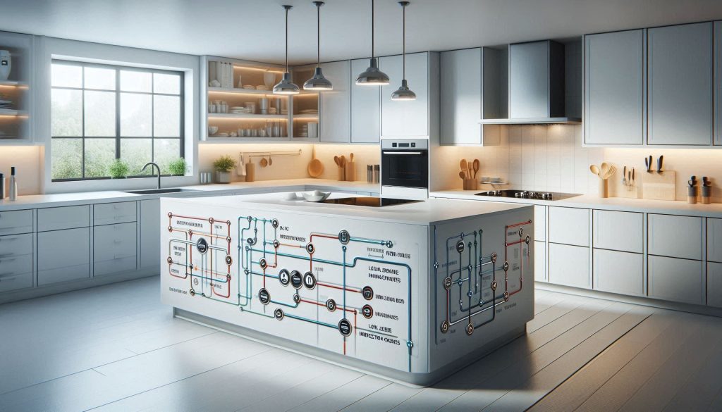 USB-C smart kitchen showing power distribution with hubs, wiring routes, and isolated high-power zones on a white background.