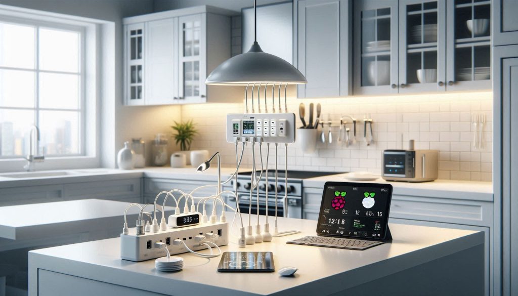 A USB-C hub powering multiple smart kitchen devices with power meters on a white countertop.