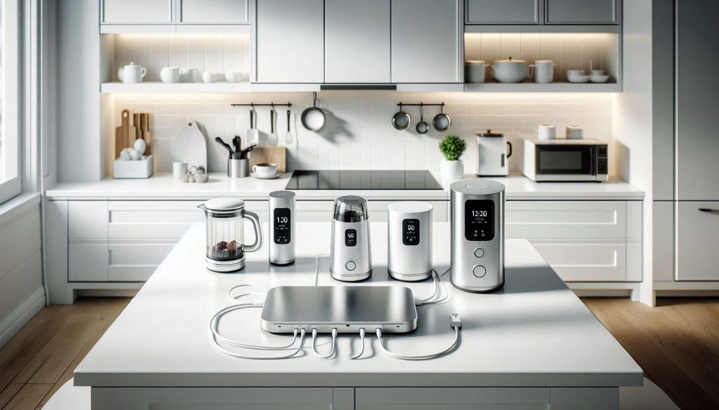 A modern kitchen with smart appliances powered by a central USB-C hub on a white countertop.