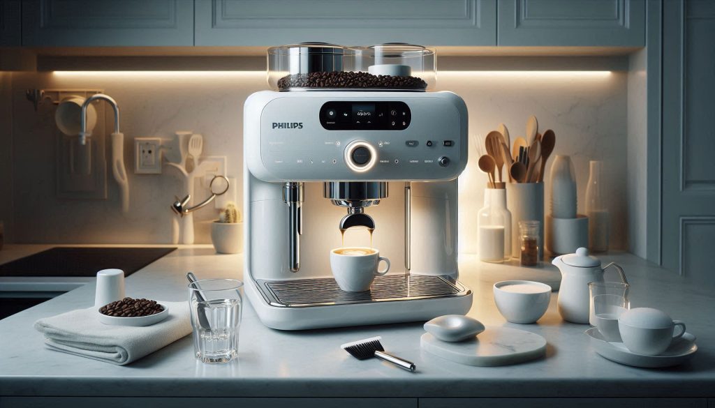 Premium white Philips LatteGo espresso machine on a luxury kitchen counter, with setup and maintenance items including water tank, bean hopper, measuring scoop, AquaClean filter, brush, spare seal, and milk cup.