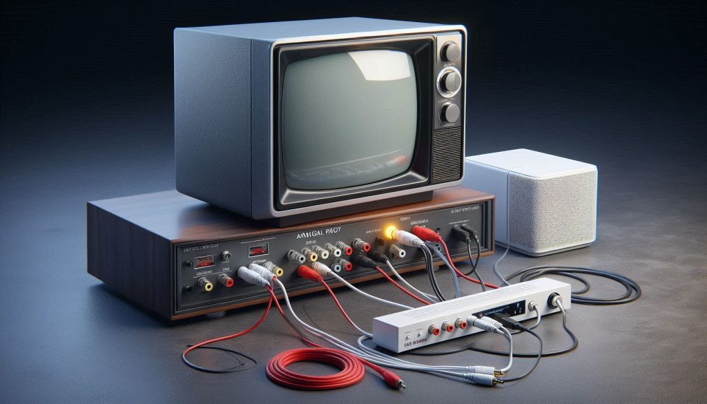 Old TV connected to a modern white soundbar using an optical DAC converter and red, white, and black audio cables.