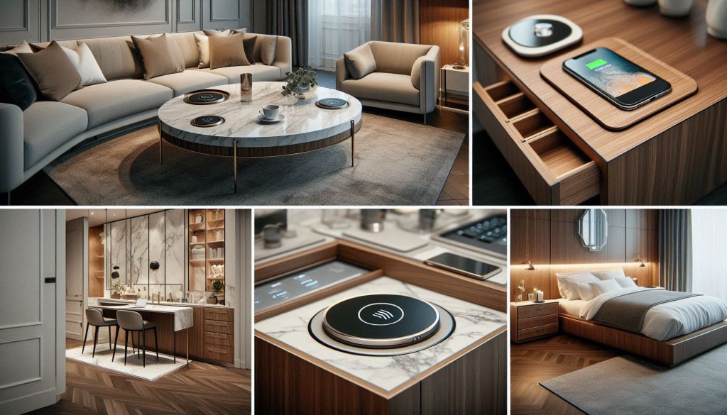 Luxury home interiors with Qi2 wireless charging integrated into tables, nightstands, kitchen islands, and office desks.