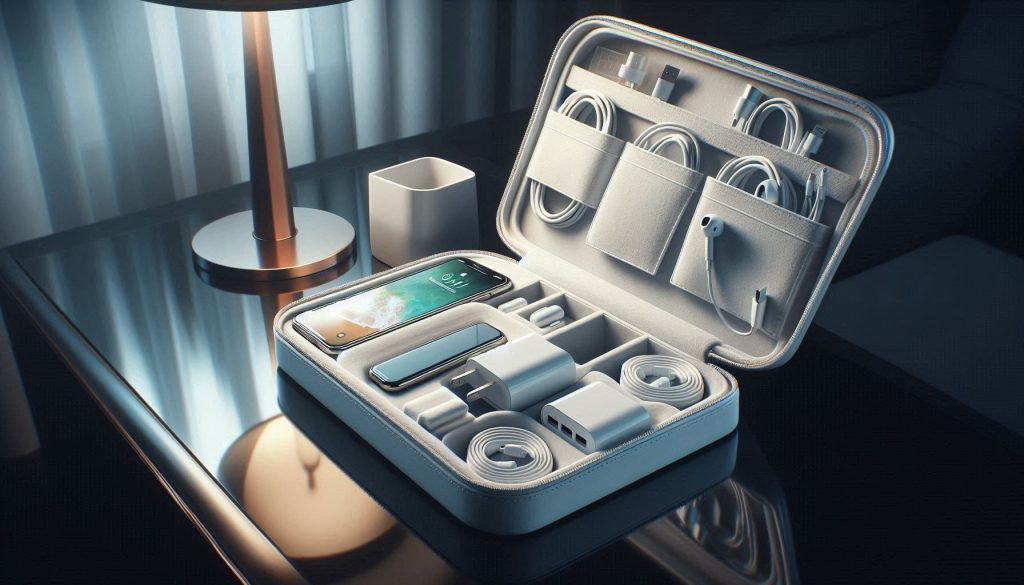 White luxury travel charging kit open on a hotel nightstand with organized compartments for phone, watch, earbuds, charger, and cables.