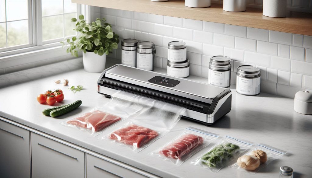 A vacuum sealer sealing fresh food in clear bags on a white kitchen countertop.