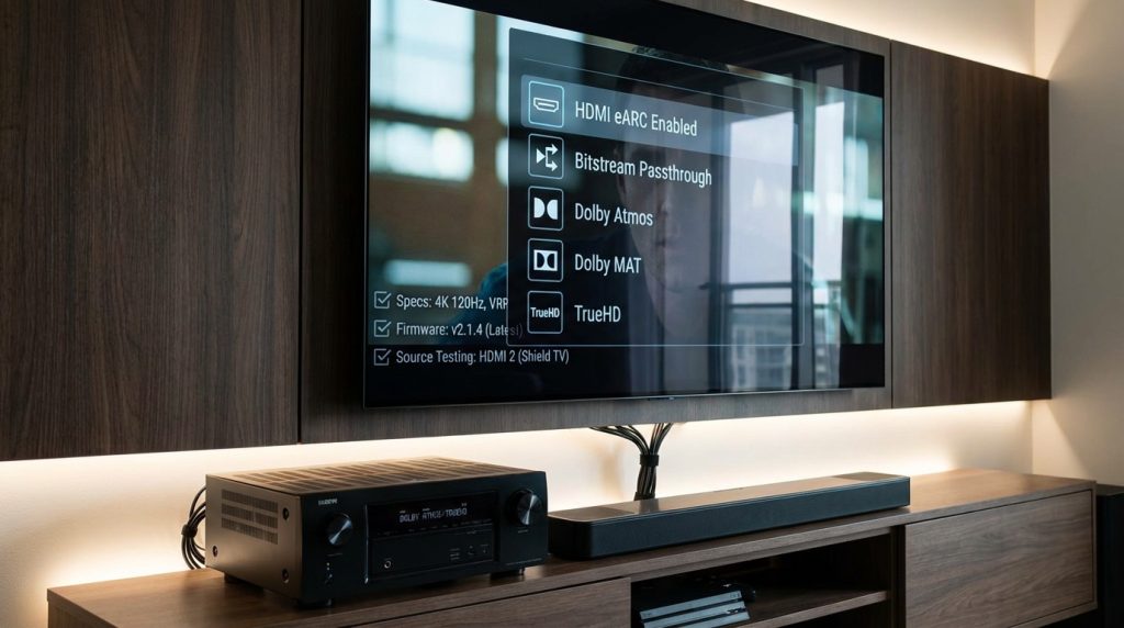 realistic scene showing how to verify dolby atmos flexconnect compatibility on a smart tv using eARC and passthrough checks