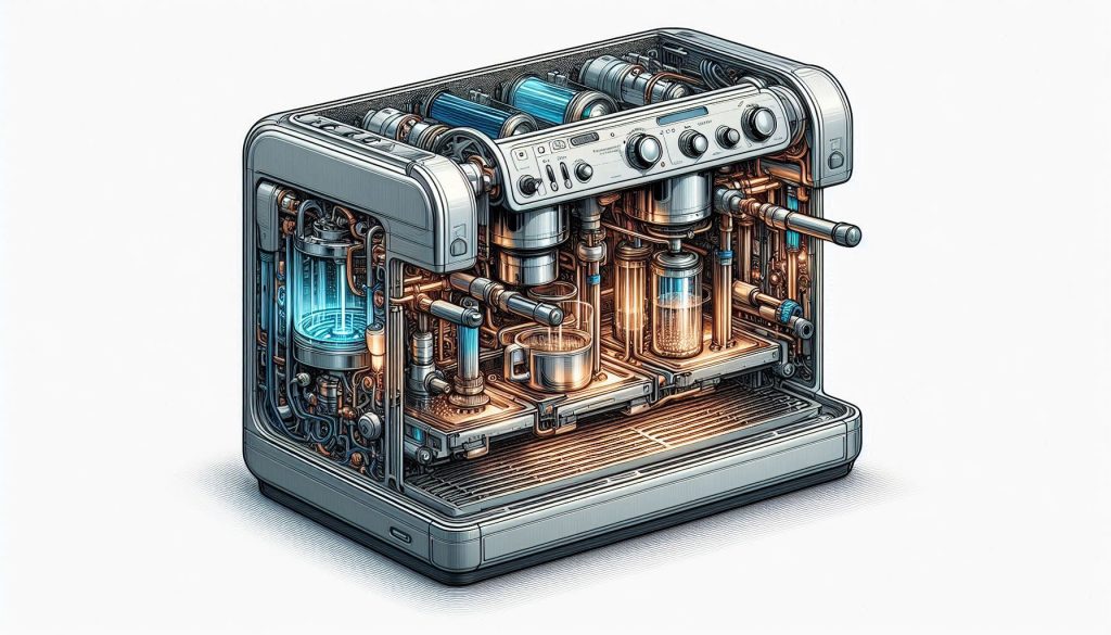 Illustration of vinegar dissolving limescale inside a smart coffee machine with visible internal components and no text.