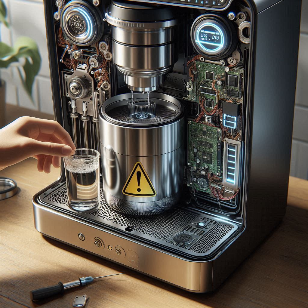 smart coffee machine being descaled with vinegar, highlighting sensors and internal components