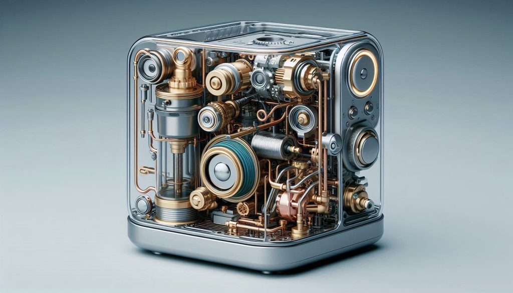 Cutaway illustration of a smart coffee machine showing internal components and subtle wear from descaling.