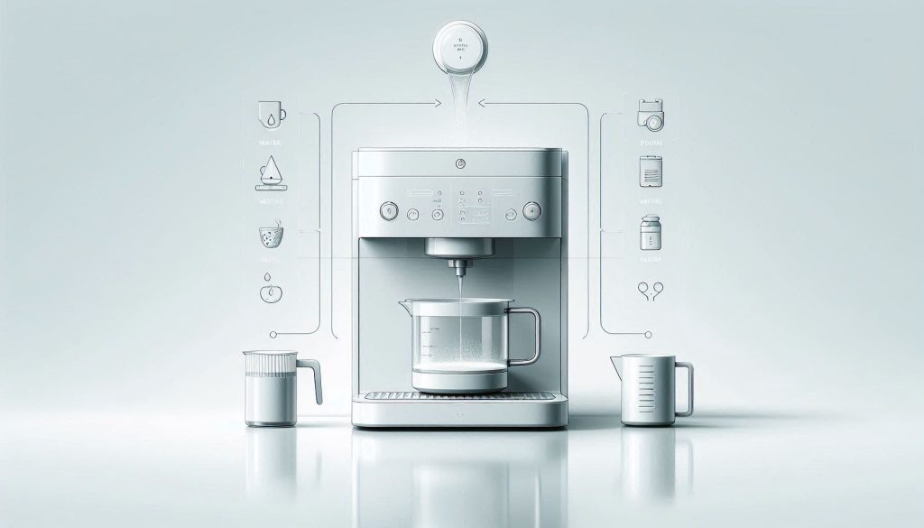 white minimalist illustration of a coffee machine with a liquid being poured, removable parts separated, arrows showing flow, and visual cues for waiting and rinsing