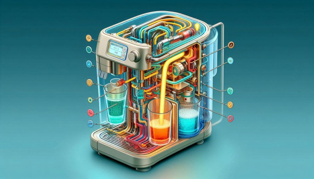 Cutaway of a smart coffee machine showing safe vinegar descaling cycles and rinse flows through internal components.
