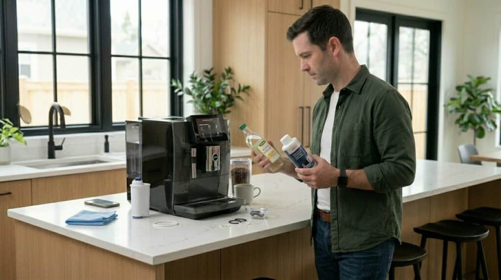 Man comparing vinegar and descaling products for safe smart coffee machine maintenance.
