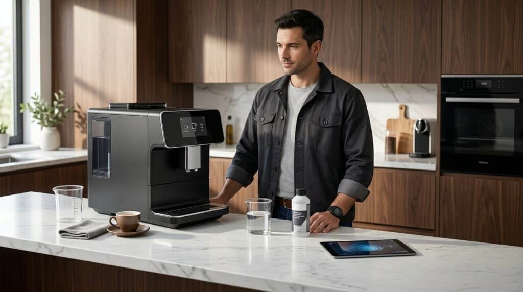 Homeowner comparing vinegar and descaling options for a smart coffee machine.