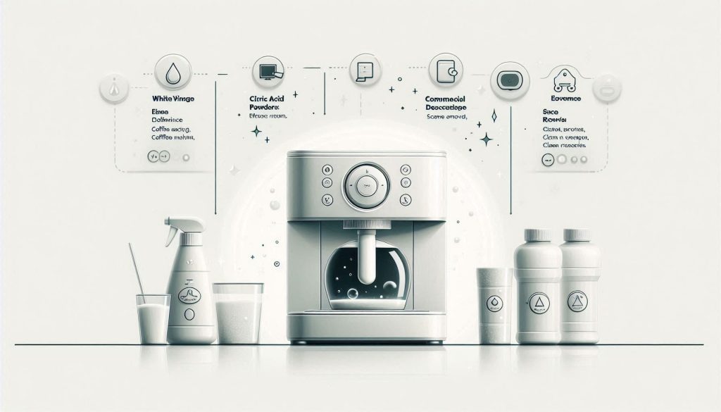 white illustration of a coffee machine with three descaler options—vinegar, citric acid, and commercial descalers—showing visual cues of cleaning action and effectiveness