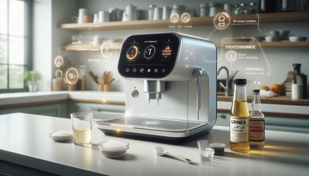 White smart coffee machine with vinegar and professional descaling products, highlighting maintenance and cleaning options.