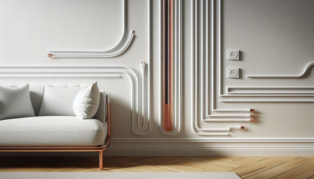 Visible cables styled as design elements using color coordination and contrast on a white wall.