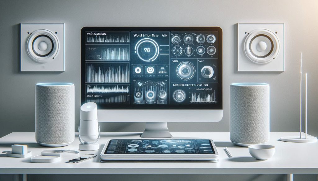 Smart home voice control optimization dashboard showing WER, microphone setup, and recognition analytics