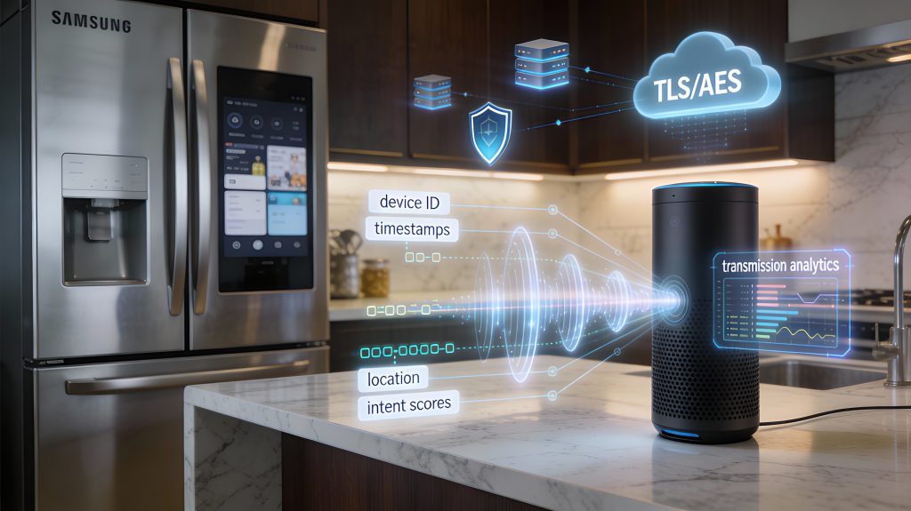 Luxury kitchen illustrating voice data transmission from smart appliances, showing short snippets, continuous streams, metadata, and encrypted cloud paths.