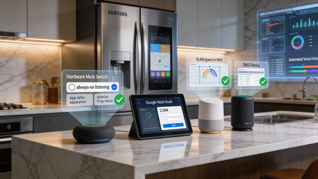Luxury smart kitchen showing practical measures to protect voice privacy: hardware mute switches, app settings disabled, VLAN isolation, 2FA, DNS filtering, and voice history deletion.