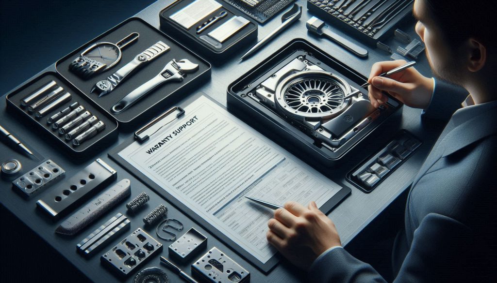 hyper-realistic luxury steel warranty and aftercare service experience with repair documentation and parts.