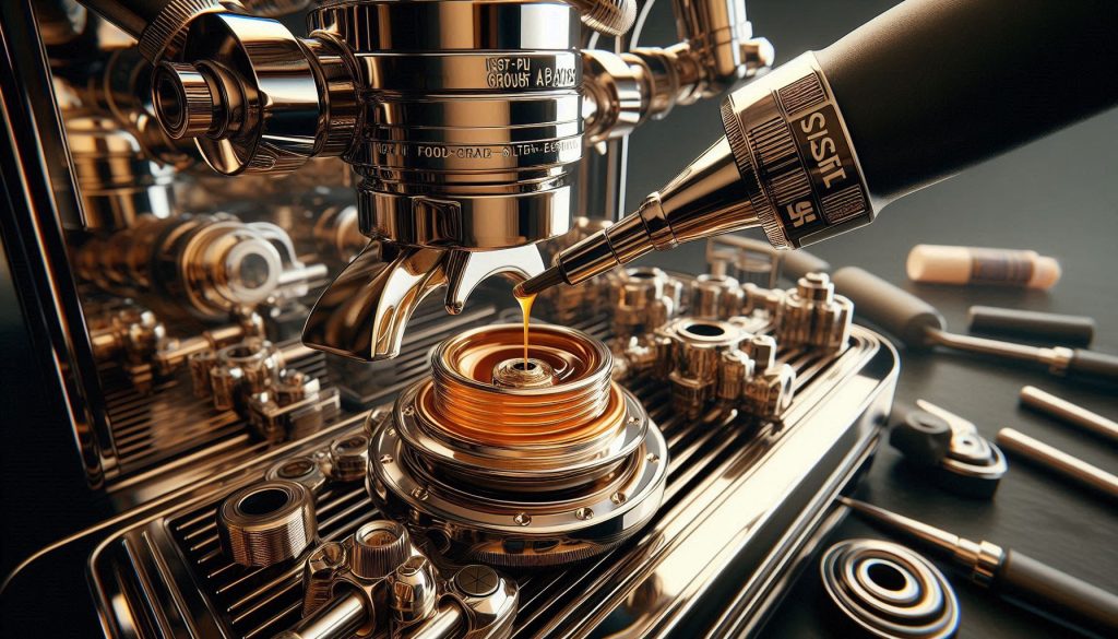 Hyper-realistic image of a coffee machine group head being lubricated with NSF food-grade grease while a WD-40 spray can is set aside, highlighting safe espresso machine maintenance.