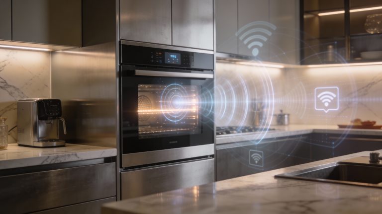 Home Luxury smart oven in a modern high-end kitchen showing unstable wi-fi connectivity indicators.