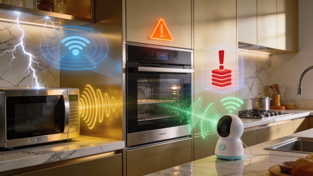 Luxury smart oven in a modern kitchen showing Wi-Fi interference, weak signal, router overload, and environmental causes of connectivity drops.