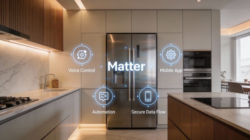 Matter-ready smart fridge in a luxury kitchen showing seamless connectivity and future-proof smart home integration.