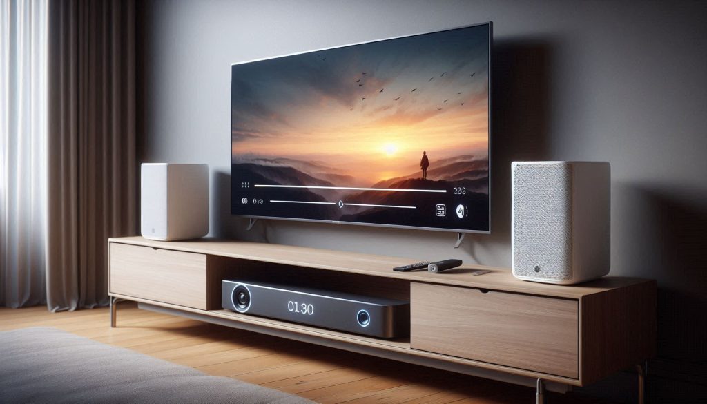 Old TV using a Bluetooth transmitter to wirelessly connect to a modern white soundbar system.