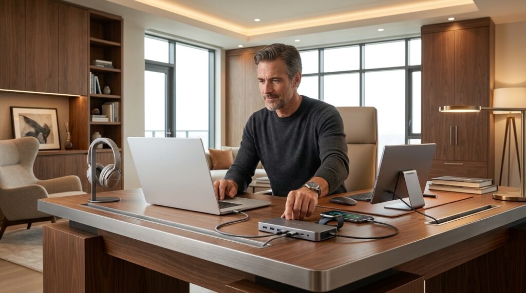Male homeowner using premium personal electronics in a luxury home office